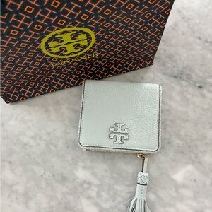 Tory Burch Light Blue Leather Wallet with Braided Tassel